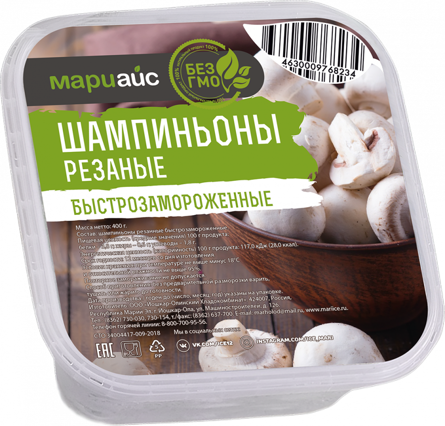 Шампиньоны резаные быстрозамороженные пл/уп, 400г