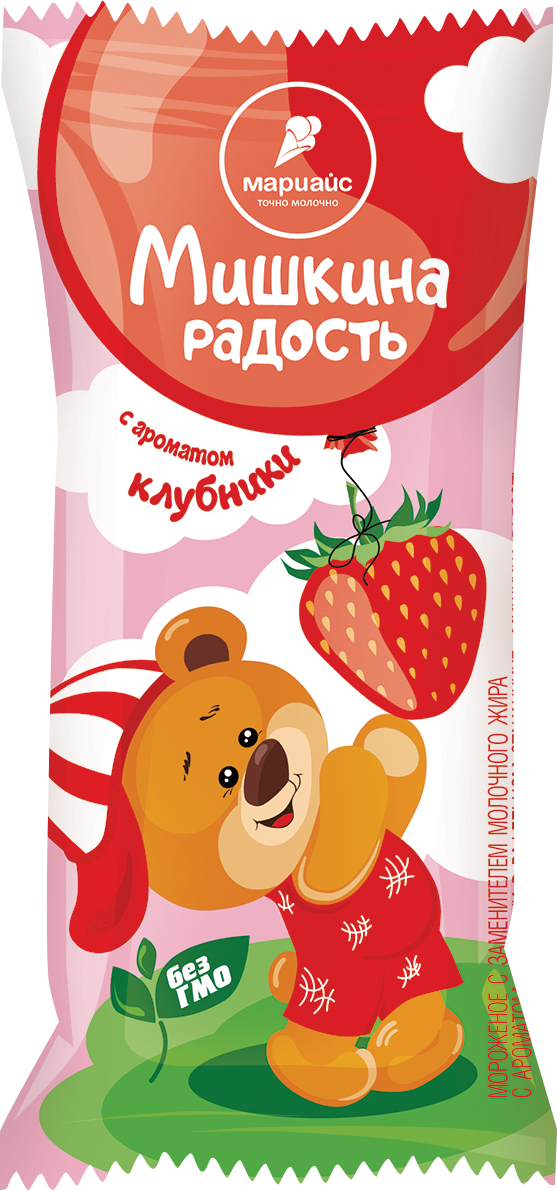 Мороженое с заменителем молочного жира с ароматом клубники в вафельном стаканчике 6% "Мишкина Радость", 70г/42шт