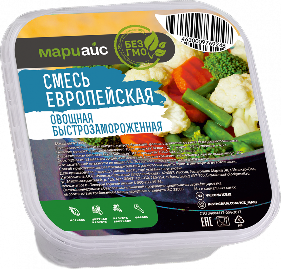 Смесь европейская овощная быстрозамороженная пл/уп, 400г