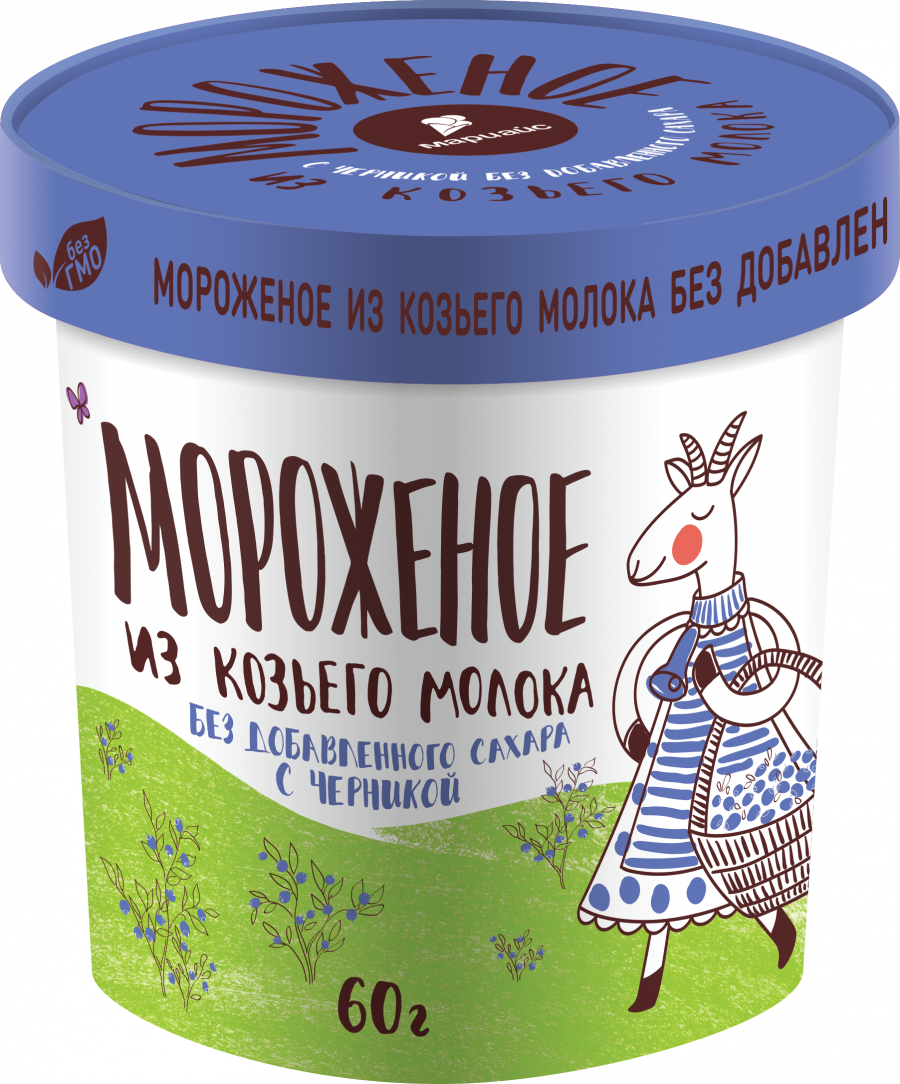 Мороженое молочное из козьего молока с наполнителем черника, 6%, без добавленного сахара в бумажном стакане, 60г / 24шт