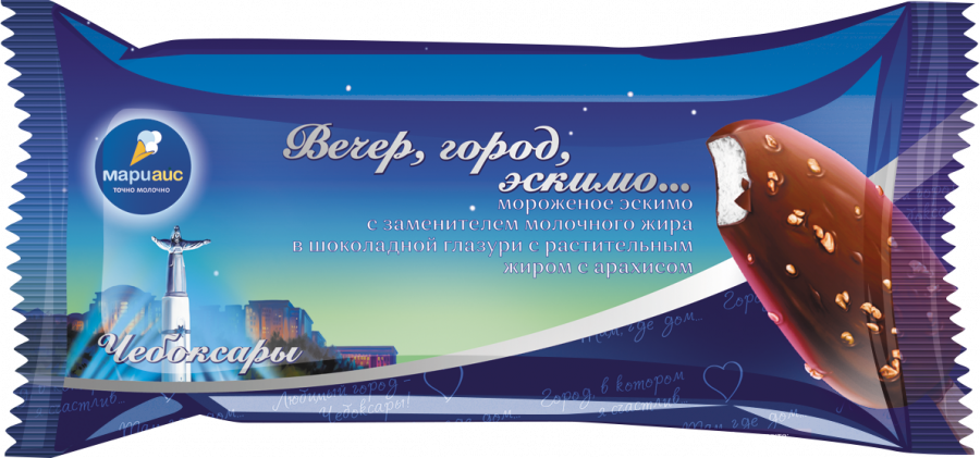 Мороженое эскимо с заменителем молочного жира в шоколадной глазури с растительным жиром с арахисом Вечер, город, эскимо… (Чебоксары) 12%, 70г / 30шт.