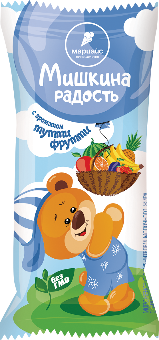 Мороженое с заменителем молочного жира с ароматом тутти-фрутти в вафельном стаканчике 6% "Мишкина Радость", 70г/42 шт.