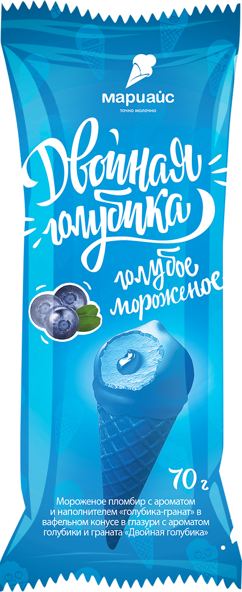 Мороженое пломбир с ароматом и наполнителем «голубика - гранат» в вафельном конусе в глазури с растительным жиром с ароматом голубики и граната "Двойная голубика", 15%, 70 г/20 шт.