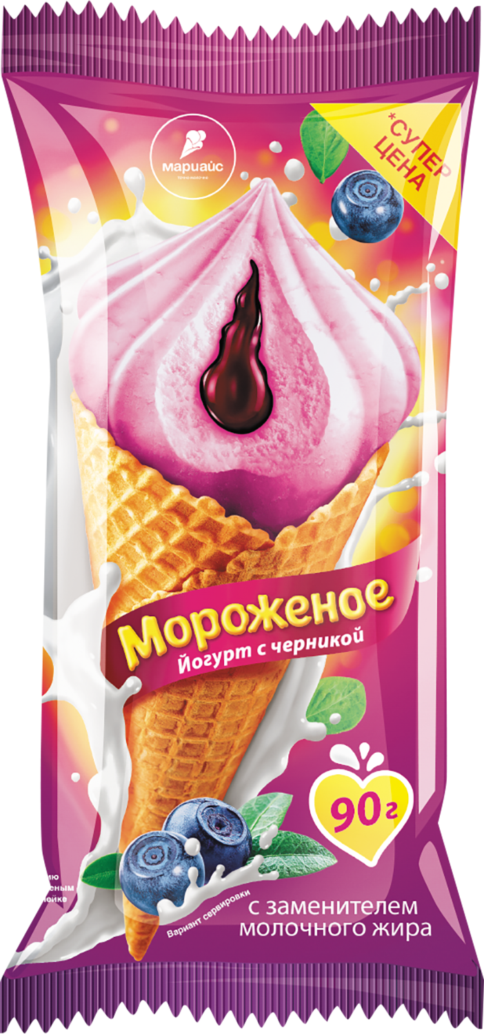 Мороженое с заменителем молочного жира с ароматом йогурта с черникой и фруктовым наполнителем "черника" "Йогурт с черникой" в вафельном сахарном рожке 12% , 80г / 30шт.