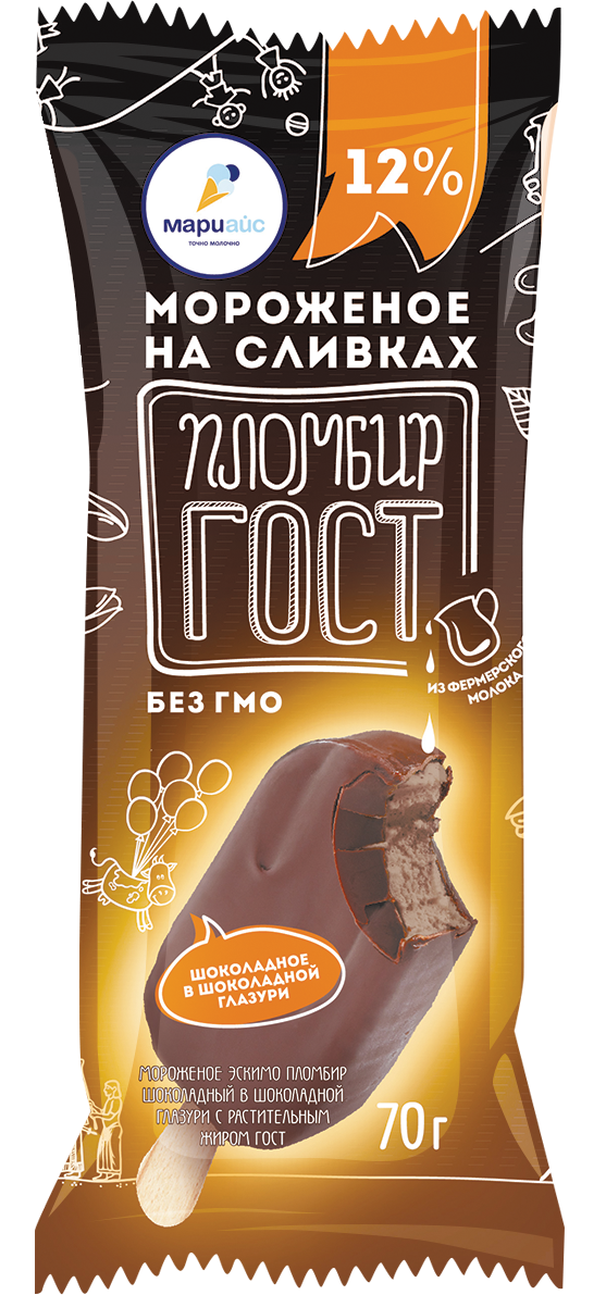 Мороженое эскимо пломбир шоколадный в шоколадной глазури с растительным жиром ГОСТ, 12%, 70 г / 30 шт.