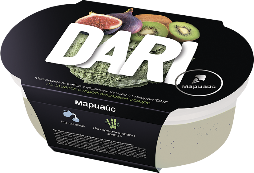 Мороженое пломбир с вареньем из киви с инжиром "DARI", 15%, в пластиковом контейнере 200 г/9 шт