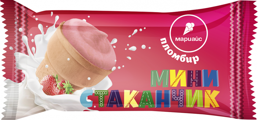 Мороженое пломбир с ароматом клубники в вафельном стаканчике "Мини стаканчик", 30г