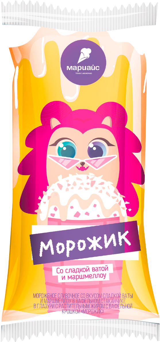Мороженое сливочное со вкусом сладкой ваты и маршмеллоу в вафельном стаканчике в глазури с растительным жиром с вафельной крошкой "Морожик" 8%, 80г / 42шт.