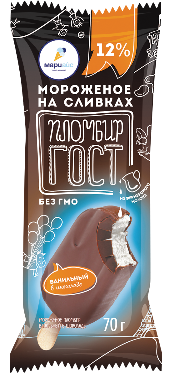Мороженое эскимо пломбир ванильный в шоколаде ГОСТ,12%, 70г / 30шт.