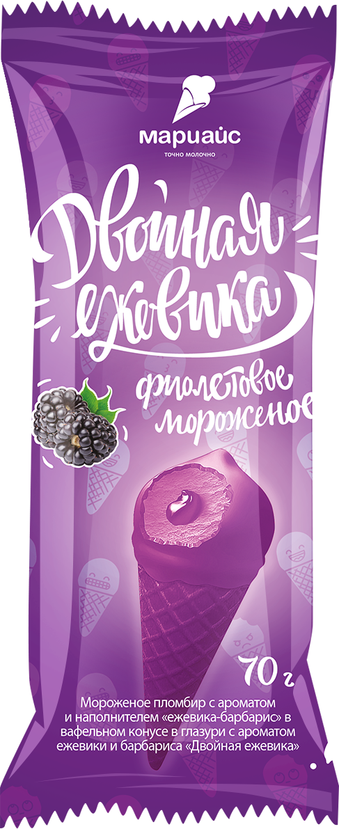 Мороженое пломбир с ароматом и наполнителем "ежевика - барбарис" в вафельном конусе в глазури с растительном жиром с ароматом ежевики и барбариса "Двойная ежевика",15%, 70 г/20 шт.