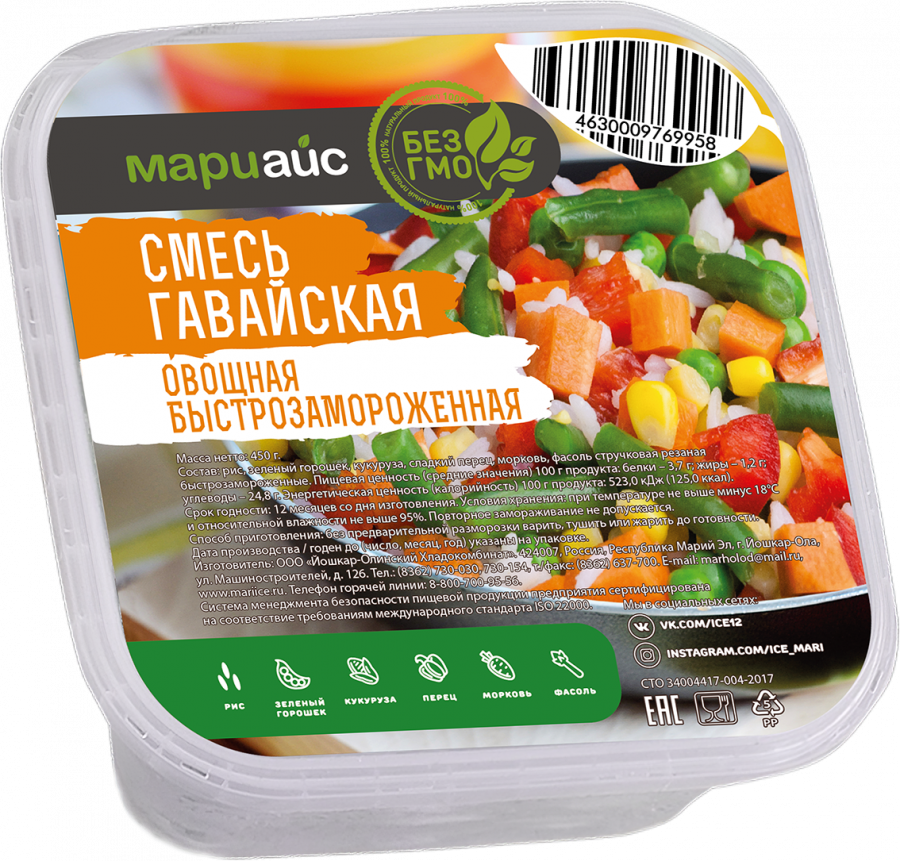 Смесь гавайская овощная быстрозамороженная пл/уп, 450г