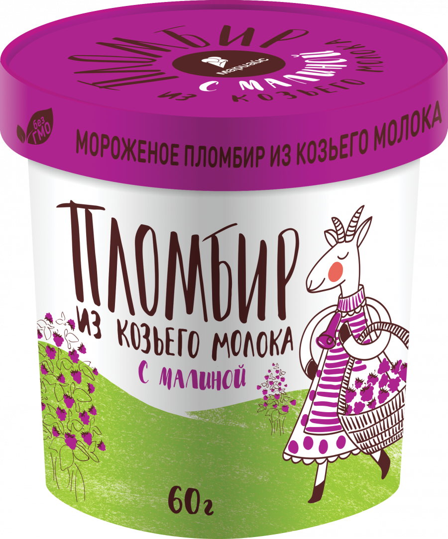 Мороженое пломбир из козьего молока с наполнителем малина 12%, в бумажном стакане, 60г/24шт.