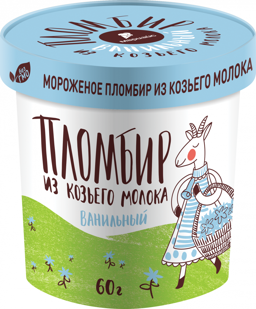 Мороженое пломбир из козьего молока ванильный 12%, в бумажном стакане, 60г / 24шт.