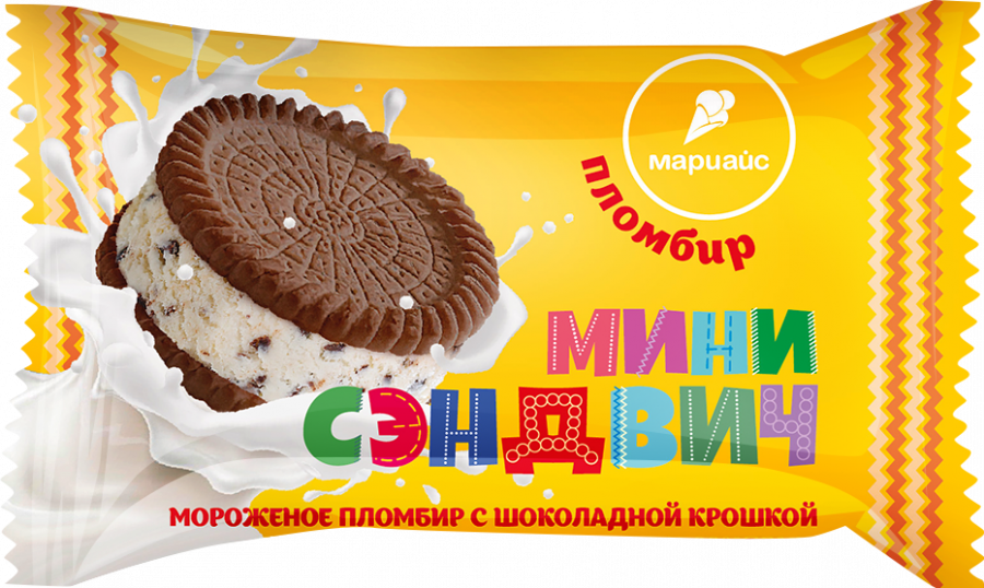 Мороженое пломбир с шоколадной крошкой в шоколадном печенье 12%, "Мини сэндвич", 30г / 50шт