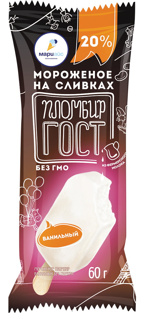 Мороженое пломбир ванильный без глазури ГОСТ, 20% , 60г / 30шт.