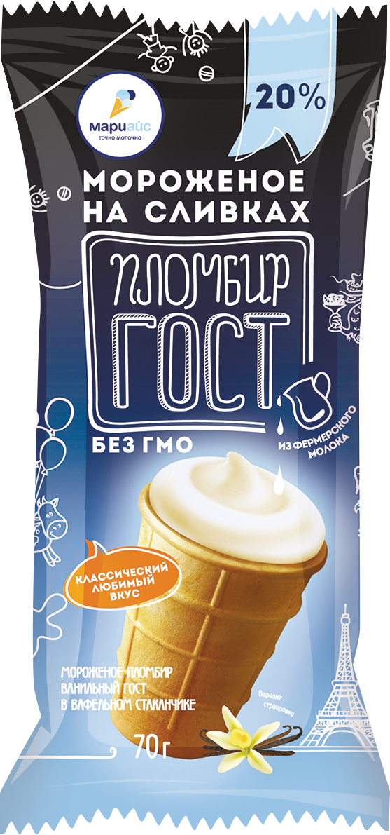 Мороженое пломбир ванильный ГОСТ в вафельном стаканчике 20%, 70г / 42шт.