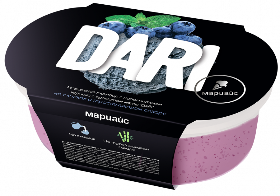 Мороженое пломбир с наполнителем черника с ароматом мяты "DARI", 15%, в пластиковом контейнере 200г/9 шт