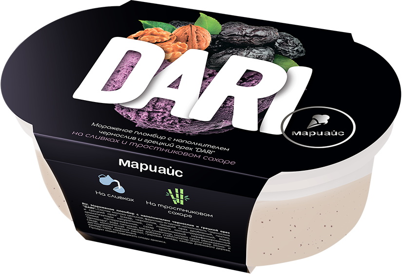 Мороженое пломбир с наполнителем чернослив и грецкий орех "DARI", 15%, в пластиковом контейнере, 200 г/9 шт