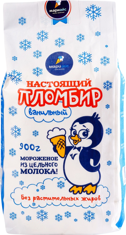 Мороженое пломбир ванильный, 12% в бум. пакете, 900г / 8шт.